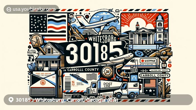 Modern illustration of Whitesburg, Carroll County, Georgia, representing ZIP code 30185, featuring state and regional symbols with postal elements like stamp, mailbox, and mail truck.