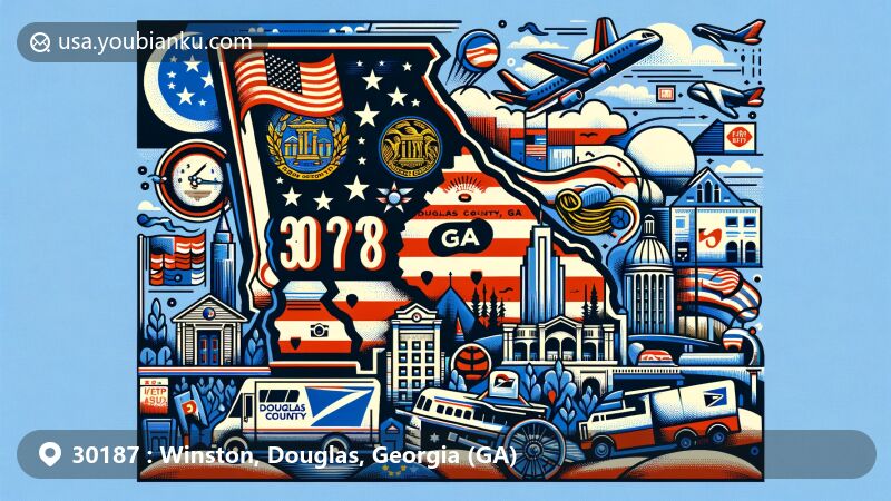 Modern illustration of Winston, Douglas County, Georgia, showcasing postal theme with ZIP code 30187, featuring Georgia state flag, Douglas County outline, and iconic landmarks.