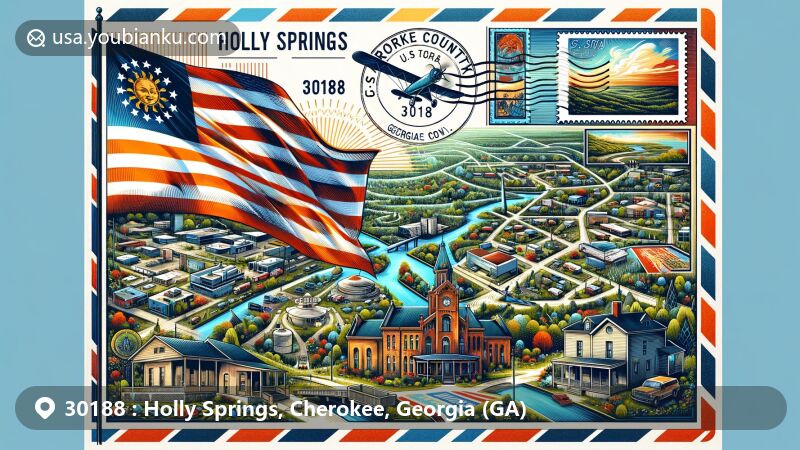 Vibrant illustration of Holly Springs, Cherokee County, Georgia, inspired by air mail envelope design with Georgia state flag, iconic landmark, Cherokee County map outline, and postal elements.