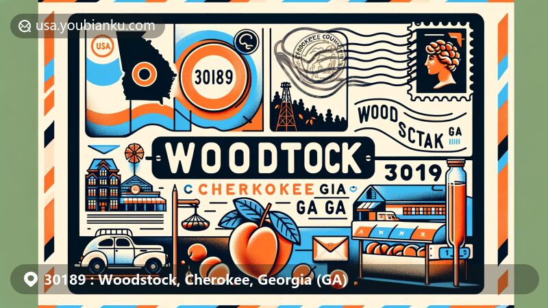 Creative illustration of Woodstock, Cherokee, Georgia (GA), showcasing postal theme with ZIP code 30189, featuring state symbols like peaches and state flag, and incorporating Cherokee County map outline.