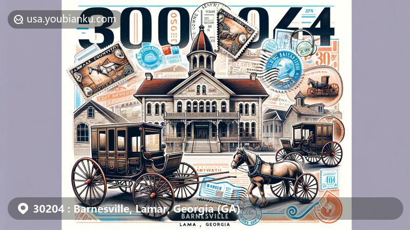 Illustration of Barnesville, Lamar, Georgia for ZIP Code 30204, featuring Lamar County Courthouse and antique buggies, highlighting town's history as 'Buggy Capital of the South' and postal elements.