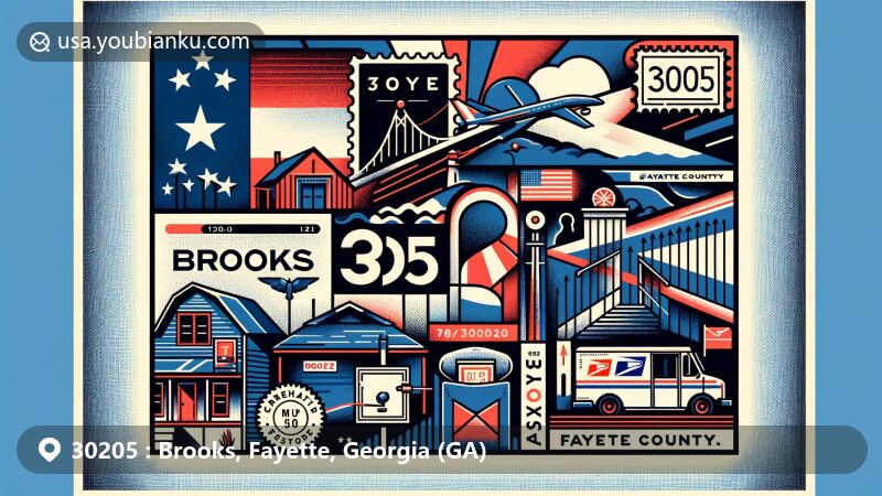Modern illustration of Brooks and Fayette, Georgia (GA), embracing postal theme with ZIP code 30205, showcasing state flag and county landmarks.