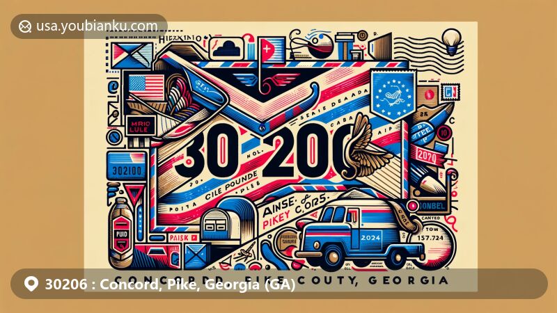 Modern illustration of Concord, Pike County, Georgia, with airmail envelope design showcasing ZIP code 30206, featuring county map outline, Georgia state flag, postal elements, and cultural symbols.