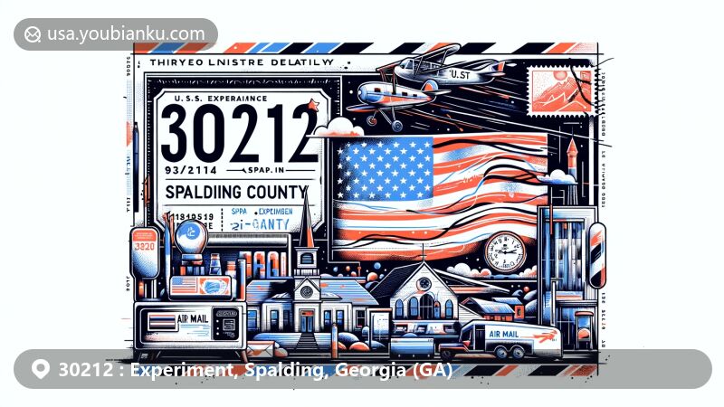 Modern illustration of Experiment, Spalding County, Georgia, capturing postal theme with ZIP code 30212, featuring Georgia state flag, county shape, and local landmarks.