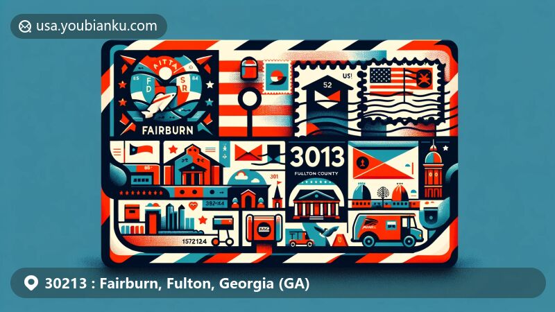 Modern illustration of Fairburn, Fulton County, Georgia, inspired by postal theme with ZIP code 30213, showcasing Georgia state flag, Fulton County outline, and cultural symbols of Fairburn.