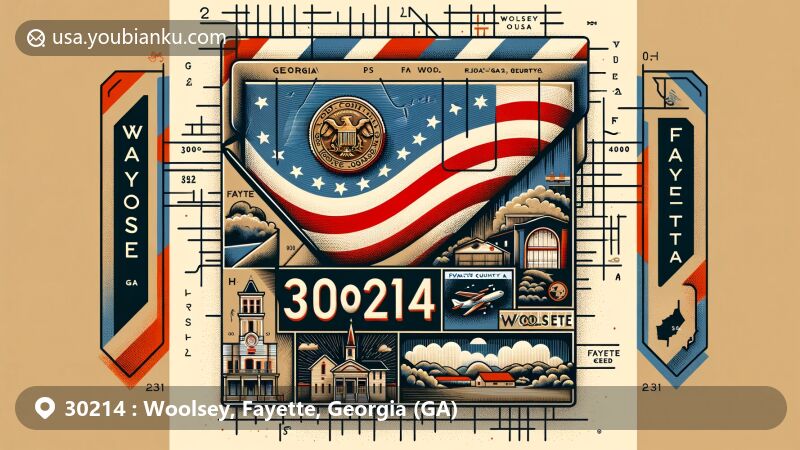 Modern illustration of Woolsey, Fayette, Georgia, highlighting postal theme with ZIP code 30214, featuring vintage airmail envelope with Georgia state flag stamp and Woolsey postmark.