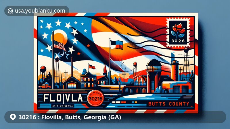 Modern illustration of Flovilla, Butts County, Georgia, featuring Georgia state flag and landmarks, with stylized postal stamp displaying ZIP code 30216. Eye-catching design in postcard format.