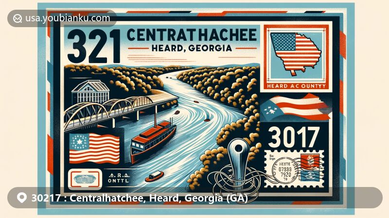 Modern illustration of Centralhatchee, Heard, Georgia, highlighting scenic Chattahoochee River, Heard County outline, Georgia state flag, and vintage postal elements with ZIP code 30217.