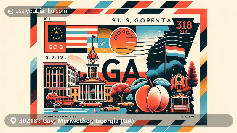 Modern illustration of Gay, Meriwether County, Georgia, capturing postal theme with ZIP code 30218, featuring Georgia state flag, local landmarks, and postal elements.