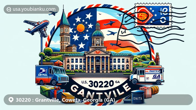 Creative depiction of Grantville, Coweta County, Georgia (GA), featuring postal theme with ZIP code 30220, including state flag and iconic elements of the city.