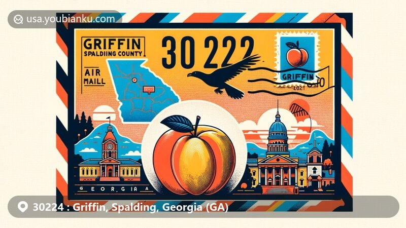 Modern illustration of Griffin, Spalding County, Georgia, showcasing postal theme with ZIP code 30224, featuring Georgia peach, Spalding County outline, and Griffin cultural symbols.