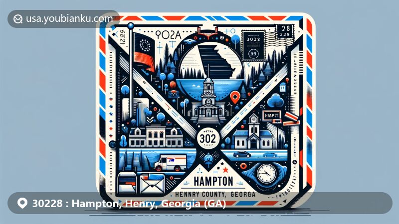 Modern illustration of Hampton, Henry County, Georgia, highlighting postal theme with ZIP code 30228, featuring Georgia state flag, Henry County map outline, and local landmark. Includes postal elements like stamp, postmark, ZIP code, mailbox, and mail truck.