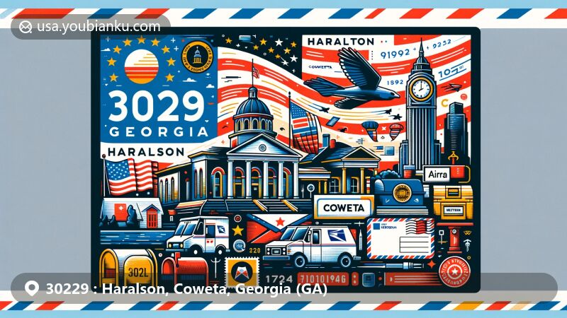 Modern illustration representing Haralson and Coweta in Georgia with the ZIP code 30229 in a postal theme, featuring the Georgia state flag and local landmarks.
