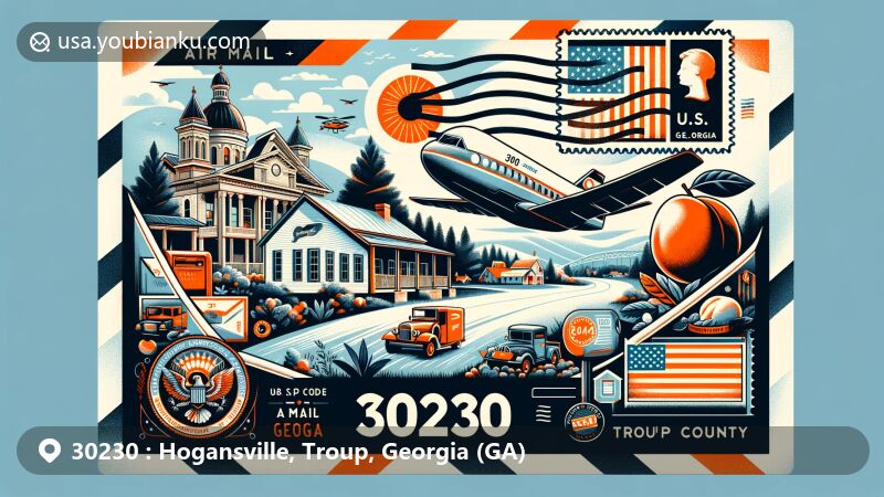 Modern illustration of Hogansville, Troup County, Georgia, featuring postal theme with ZIP code 30230, showcasing Georgia state symbols and unique local characteristics.