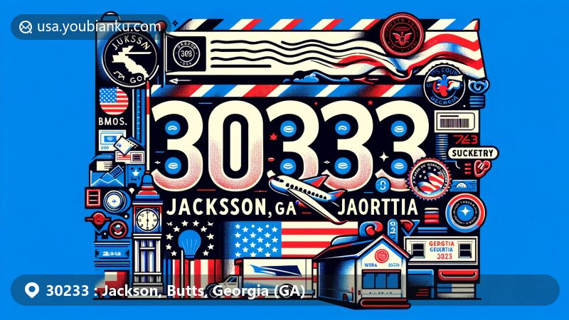 Modern illustration of Jackson, Butts County, Georgia, inspired by ZIP code 30233, featuring postcard theme with postal elements, Georgia's state flag, and Butts County outline.