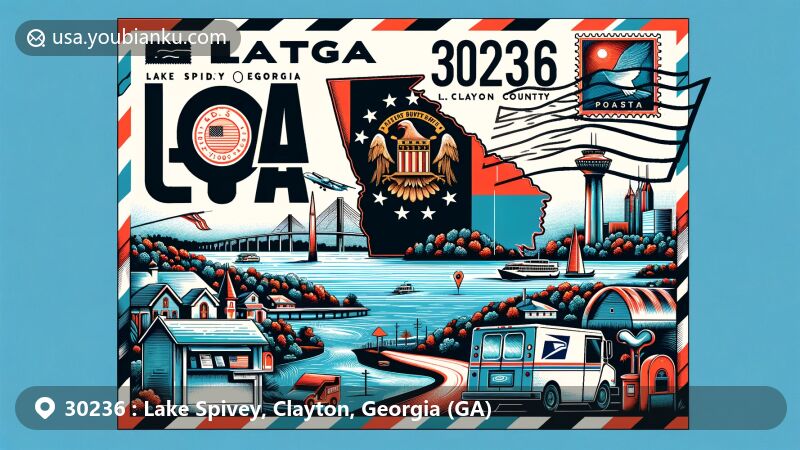 Modern illustration of Lake Spivey, Clayton County, Georgia, capturing ZIP code 30236, featuring Georgia state flag, Clayton County outline, and local landmark, with postal theme including postage stamp, postmark, mailbox, and postal van.