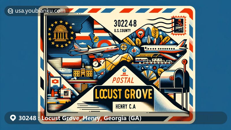 Vibrant illustration of Locust Grove, Henry County, Georgia, inspired by ZIP Code 30248, showcasing airmail envelope design with Georgia state flag, county map outline, and iconic local symbol. Includes postal elements like stamp, postmark '30248', and U.S. mailbox.