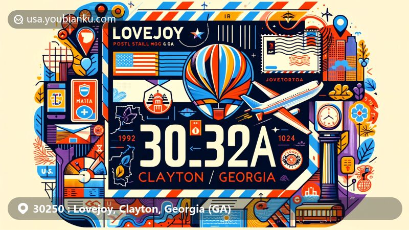 Modern illustration of Lovejoy, Clayton, Georgia, resembling a creative postcard with air mail envelope showcasing ZIP code 30250, Georgia state flag, Clayton County outline, and Lovejoy symbols.