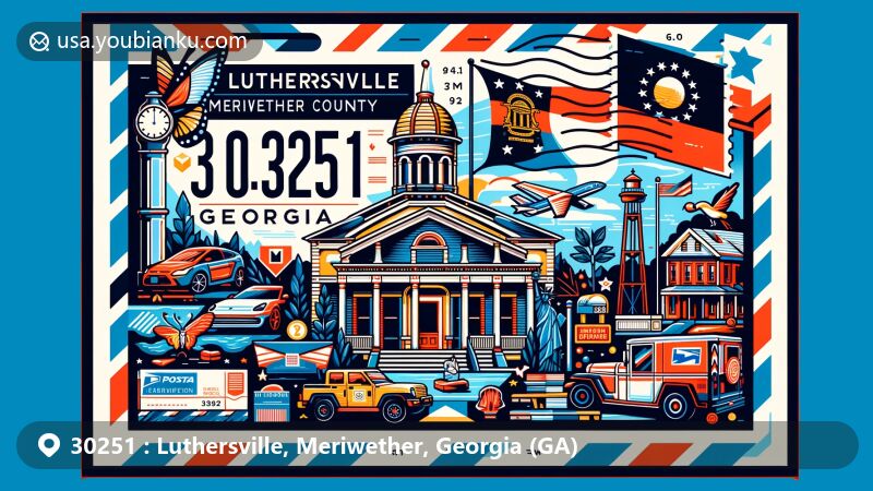 Modern illustration of Luthersville, Meriwether County, Georgia, showcasing postal theme with ZIP code 30251, featuring Georgia state flag, Meriwether County outline, and local landmarks.
