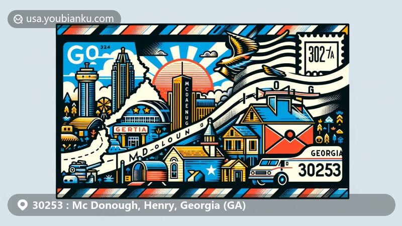 Creative representation of Mc Donough, Henry County, Georgia, depicting postal theme with GA state flag, county map, local landmark, and postal elements, highlighting ZIP code 30253.