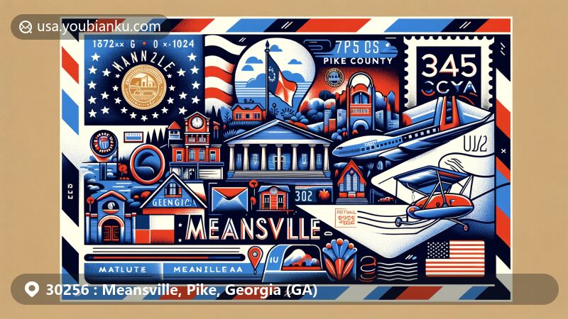 Modern illustration of Meansville, Pike County, Georgia, showcasing postal theme with ZIP code 30256, featuring state flag of Georgia and local landmarks, resembling creative postcard design.