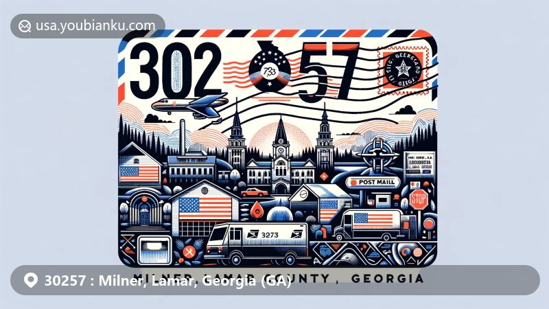 Modern illustration of Milner, Lamar County, Georgia, showcasing postal theme with ZIP code 30257, featuring Georgia state flag, Lamar County outline, and iconic local landmark.