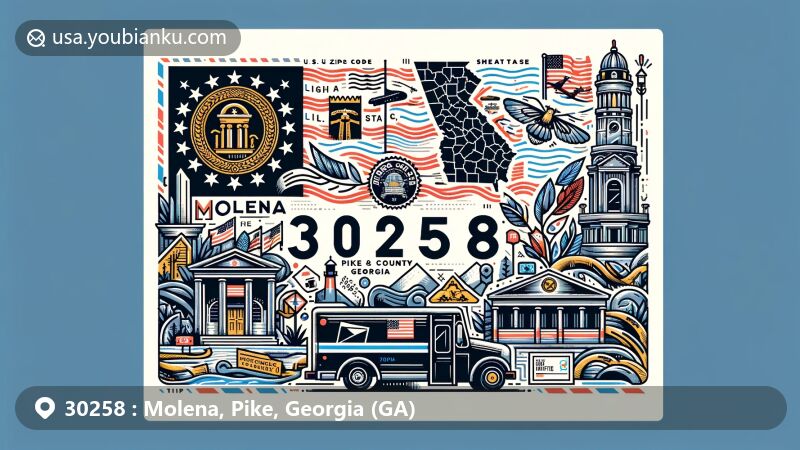 Modern illustration of Molena, Pike County, Georgia, showcasing postal theme with ZIP code 30258, featuring Georgia state flag, Pike County outline, local landmarks, and postal elements.
