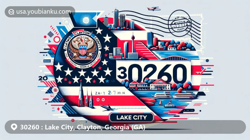 Modern illustration of Lake City, Clayton County, Georgia, showcasing postal theme with ZIP code 30260, featuring Georgia state flag, Clayton County outline, and iconic local landmarks.