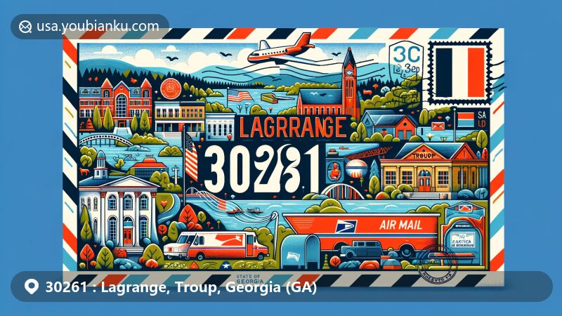 Modern illustration of Lagrange, Troup County, Georgia (GA), inspired by ZIP code 30261, showcasing local landmarks, cultural symbols, and elements of the state flag.