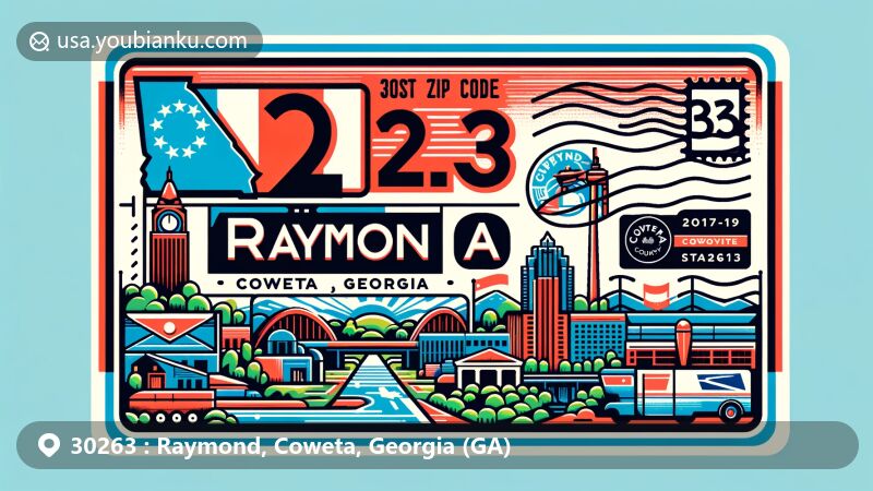 Creative interpretation of Raymond, Coweta, Georgia (GA) for ZIP Code 30263, highlighting state flag, county outline, and local cultural element in modern style.