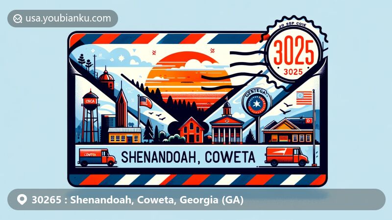 Modern illustration of Shenandoah area in Coweta County, Georgia, showcasing ZIP code 30265, Georgia state flag, Coweta County silhouette, Shenandoah landmarks, and postal elements.
