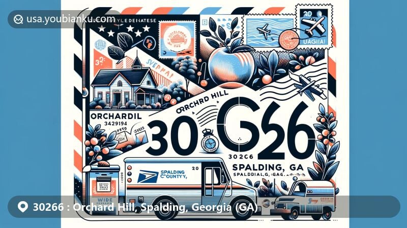 Modern illustration of Orchard Hill, Spalding County, Georgia, representing U.S. ZIP Code 30266 with postal theme, including stamps, postmark, mailbox, and postal vehicle, featuring Georgia state flag and local landmarks.