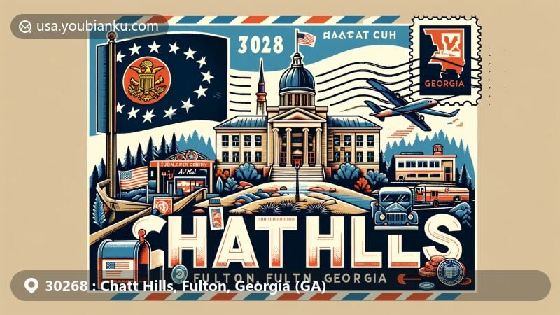 Modern illustration of Chatt Hills, Fulton County, Georgia, representing ZIP code 30268 with postal theme, Georgia state flag, Fulton County outline, and cultural elements.