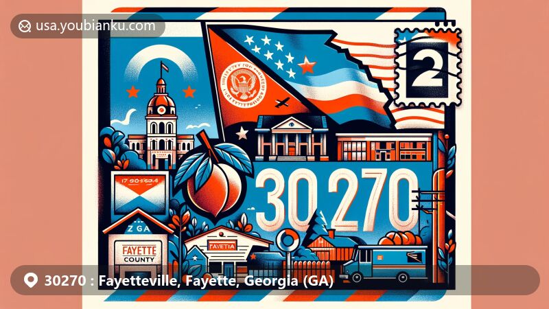 Creative illustration of Fayetteville, Fayette County, Georgia, themed around ZIP code 30270, featuring the state flag, local landmarks, postal elements, and vibrant design.