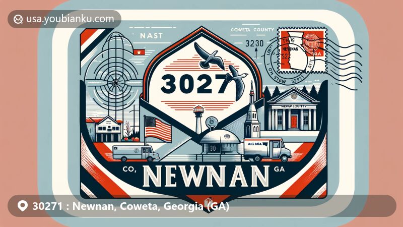 Modern illustration of Newnan, Coweta County, Georgia, highlighting ZIP code 30271, featuring Georgia state flag, Coweta County map, iconic landmark, and postal elements.