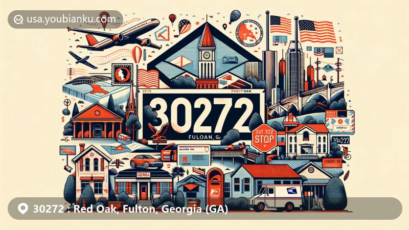 Modern illustration representing ZIP code 30272 for Red Oak, Fulton, Georgia, featuring postal themes and iconic symbols like the Georgia flag and landmarks, with a contemporary and web-friendly design.