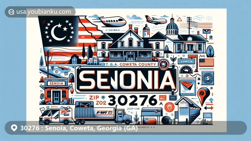 Modern illustration of Senoia, Coweta County, Georgia (GA), showcasing postal theme with ZIP code 30276, incorporating Georgia state flag, Coweta County map outline, and local landmarks or cultural symbols.