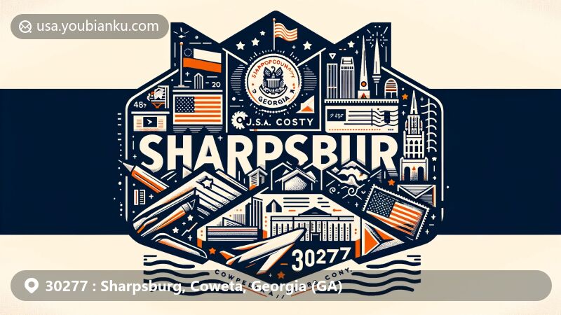 Modern illustration of Sharpsburg, Coweta County, Georgia (GA), resembling a stylish postcard or airmail envelope, capturing state flag, Coweta County outline, and local landmarks. Includes postal elements with ZIP code 30277.