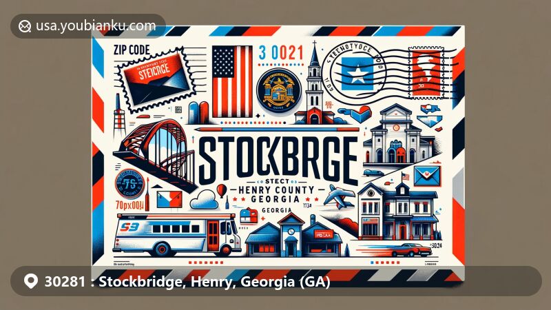 Modern illustration of Stockbridge, Henry County, Georgia (GA), highlighting ZIP code 30281 with state flag, map outline, and local landmarks, featuring postal elements like stamp, postmark, mailbox, and mail truck.
