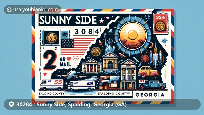 Modern illustration of Sunny Side, Spalding County, Georgia, featuring a postal theme with ZIP code 30284, showcasing Georgia state flag, Spalding County outline, cultural symbols, stamps, mailbox, '30284' postmark, mail truck.
