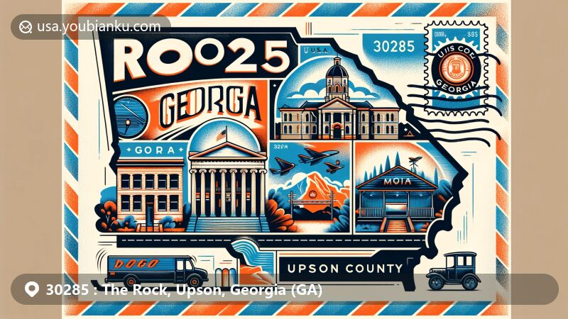 Modern illustration of The Rock, Upson County, Georgia, capturing ZIP code 30285, with stylized map outline, iconic local landmarks, and nostalgic postal theme.