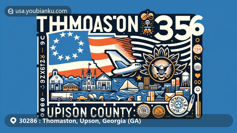 Modern illustration of Thomaston, Upson County, Georgia, resembling a postcard with state flag, county outline, and local landmarks, featuring postal elements like stamp and ZIP code 30286.