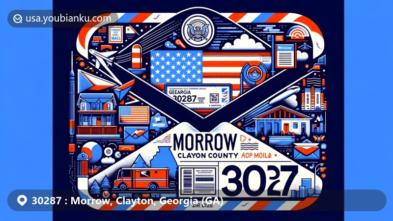 Illustration representing Morrow, Clayton, Georgia, with a postal theme and elements including the Georgia state flag, Clayton County's map outline, and local landmarks. Features postal elements like a stamp, postmark, ZIP Code 30287, mailbox, and postal vehicle.
