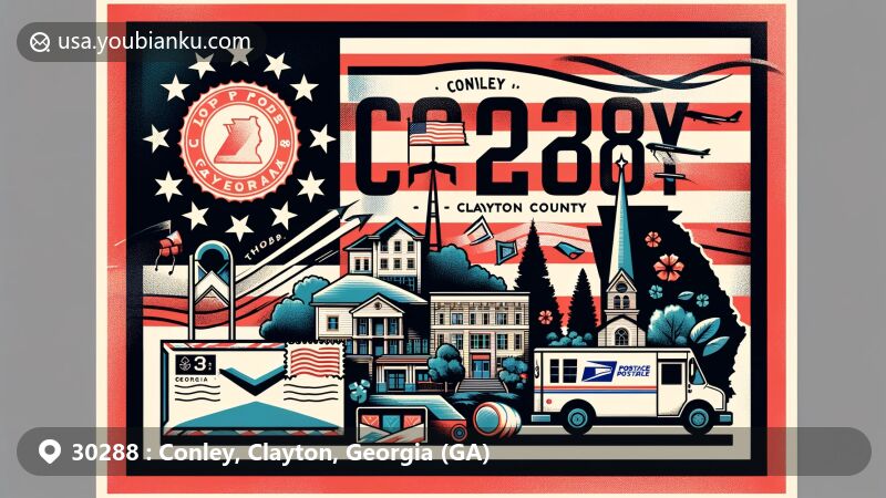Modern illustration of Conley, Clayton County, Georgia, with postal theme and Georgia state flag, showcasing Clayton County outline, local landmarks, and postal elements, designed for web placement.