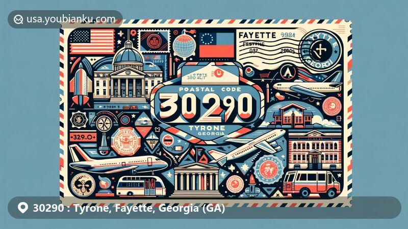 Modern illustration of Tyrone, Fayette, Georgia, featuring postal theme with ZIP code 30290, incorporating state flag and local landmarks in a creative postcard design.