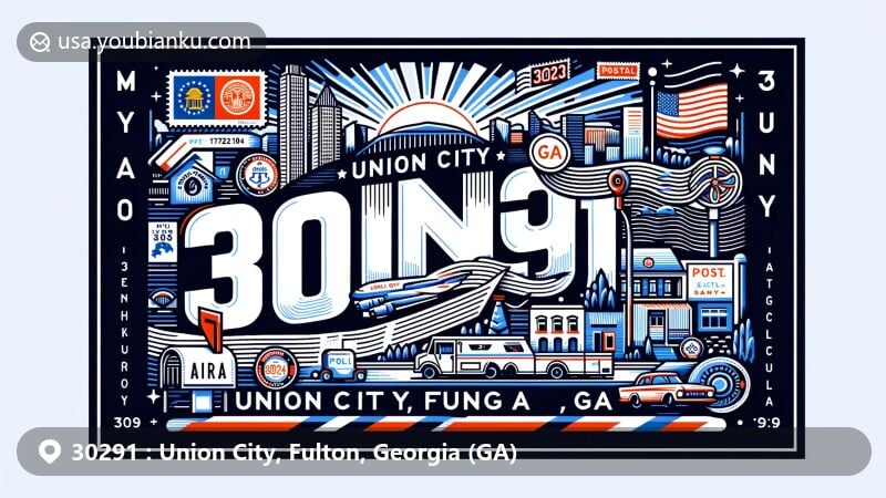 Modern illustration of Union City, Fulton, Georgia (GA), showcasing postal theme with ZIP code 30291, including state flag and unique local symbols.