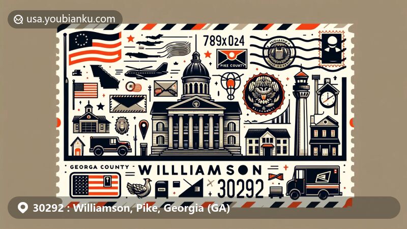 Modern illustration of Williamson, Pike County, Georgia, featuring Georgia state flag, Pike County outline, and local landmarks or cultural symbols, along with postal elements like postcard shape, stamps, and ZIP code 30292.