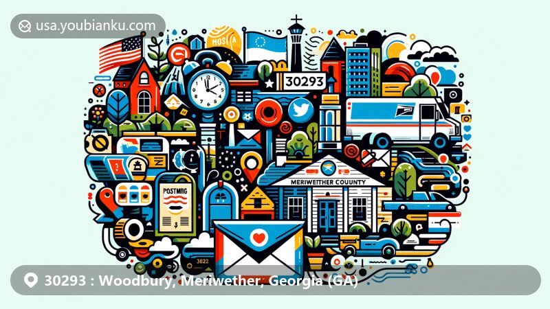 Vibrant illustration of Woodbury, Meriwether County, Georgia, highlighting postal theme with ZIP code 30293, including stamps, postmarks, mailbox, mail truck, Georgia state flag, and local landmarks.