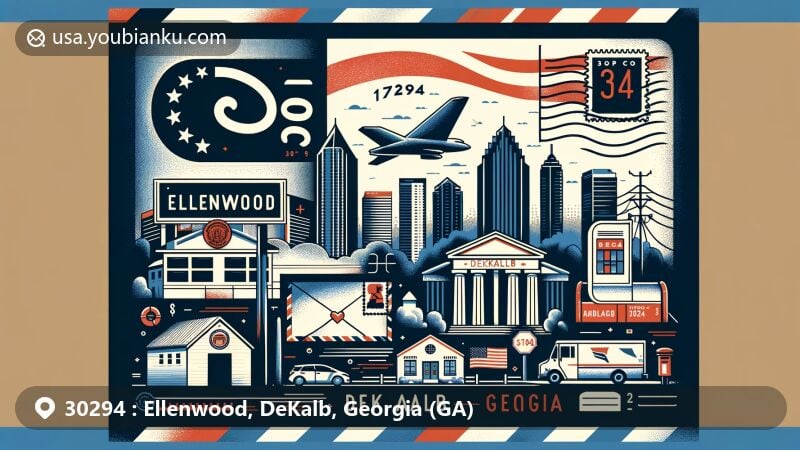 Modern illustration of Ellenwood, DeKalb, Georgia (GA), showcasing Georgia State Flag, DeKalb County outline, iconic landmark, and postal elements with ZIP code 30294, in a wide-format design.