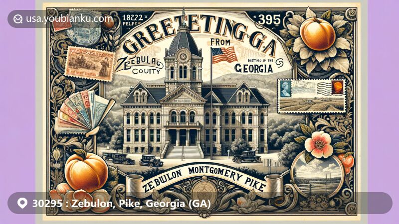 Modern illustration of Zebulon, Pike County, Georgia, focusing on vintage postcard theme with historic Courthouse of 1895, rural landscape, and iconic Georgia symbols like peaches and state flag.